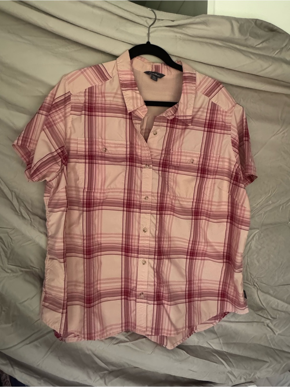 Eddie Bauer Light pink and White Plaid Short-Sleeve Button Down Shirt